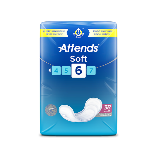 Attends Soft Shaped Pads Level 6 - Regular - shaped incontinence pad, 1100ml absorbency, pack of 38