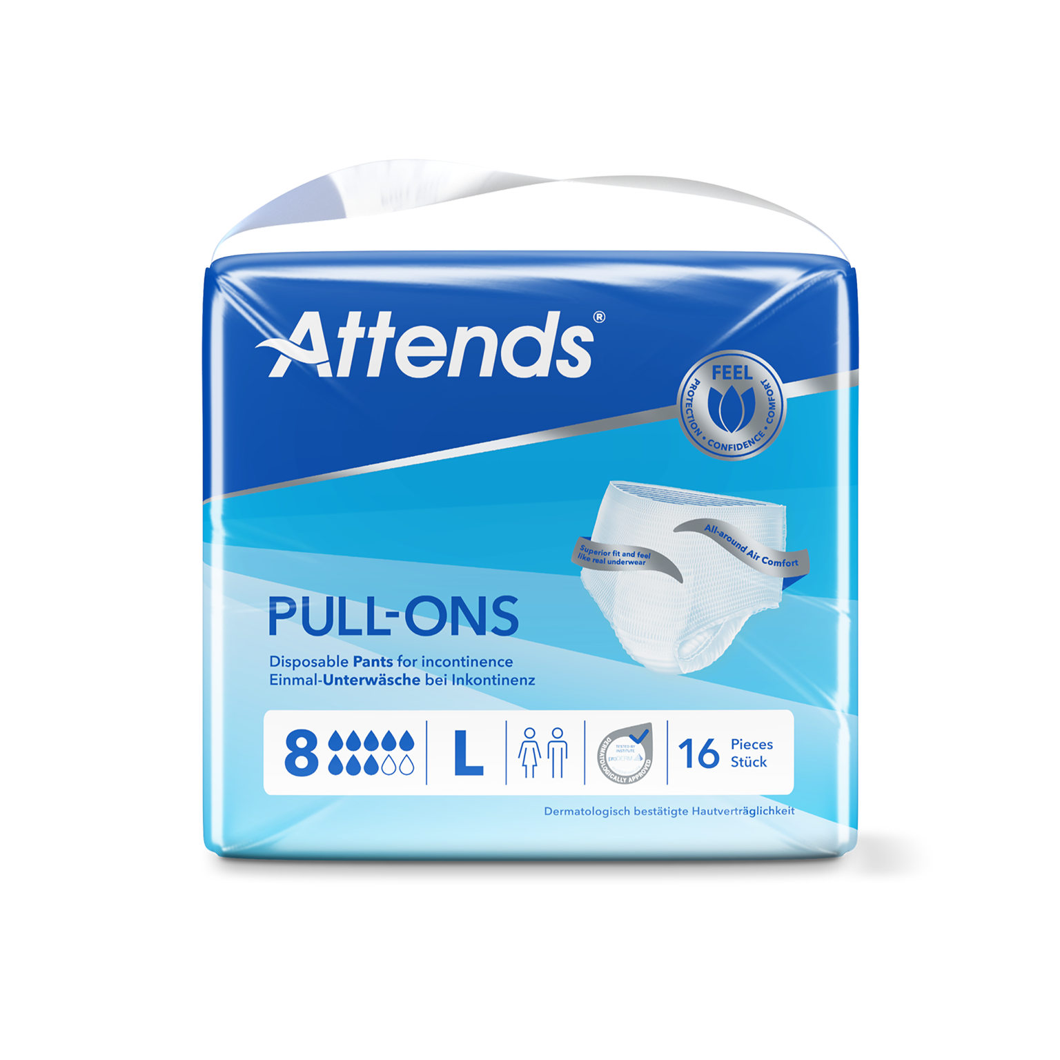 Attends Pull-On Pants Level 8 - Large - underwear-style pull-on pants, 1400ml absorbency, tear-away sides, pack of 16