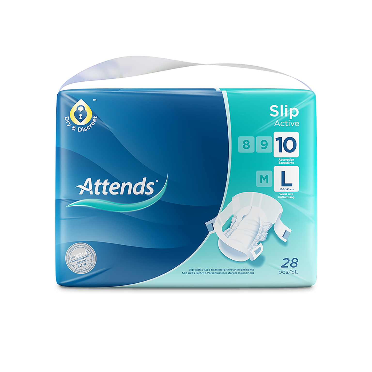 Attends Slip Active Diaper Level 10 - Large - resealable tab slip-on diaper, 2200ml absorbency, pack of 28