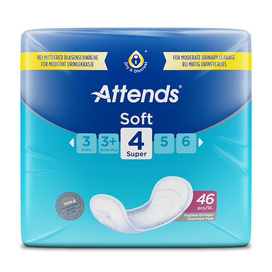 Attends Soft Shaped Pads Level 4 Super - super-size shaped incontinence pad, 700ml absorbency, pack of 46