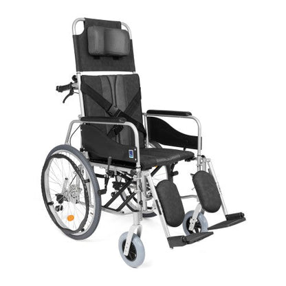 Aluminium Reclining Wheelchair – Adjustable Backrest, Leg Rests & Head Support – Lightweight, Foldable, Anti-Tip Design